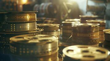 The soft glow of subtle lighting adds to the vintage charm of the defocused background of old film canisters and reels transporting the viewer back in time. photo