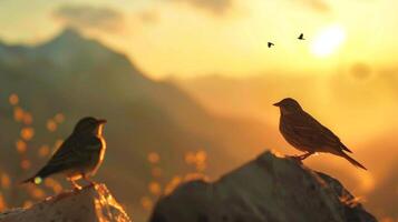 With the suns soft rays illuminating the horizon the defocused shadows of mountain peaks and perched birds form a dreamy scene of natures symphony. photo