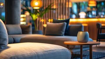 The blurred backdrop of the lobby highlights the carefully curated details from the modern furnishings to the subtle lighting providing a perfect blend of sophistication and comfort. photo