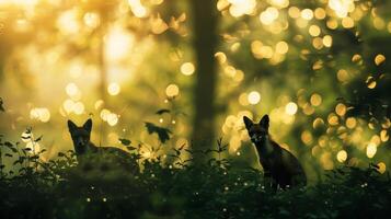Amidst the deep greens of the forest a defocused image showcases the graceful silhouettes of a family of foxes frolicking against a sea of blurred trees and a goldentinged sky. photo