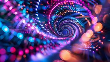 The defocused neon spirals seem to pulsate with energy casting a dreamy glow and drawing viewers into a fantastical world of abstract shapes and colors. photo