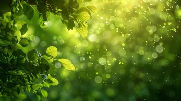 Defocused canopy of trees in a magical forest creating a soft and diffused light that illuminates the lush greenery. The bokeh effect adds to the sense of enchantment and mystery. photo
