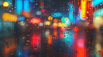 Defocused Through the blurry droplets on the window the neon lights of the city can be seen reflecting off the wet pavement. The background is a beautiful chaos of colors a result photo