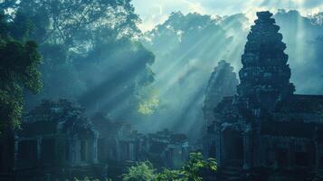 Faint rays of sunlight peeking through the shadows of dense foliage casting a dreamy aura over the distant ruins of an ancient temple. photo