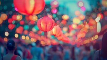 Defocused Vibrant bursts of color from a bustling summer festival with crowds of people enjoying the festivities in the background. The lights and decorations create a bokeh effect photo
