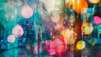 The blurred fragments of famous movie quotes and song lyrics along with bold graffiti images of iconic pop culture figures come together to form a vibrant and dynamic backdrop for photo