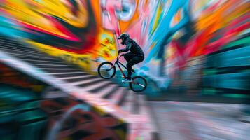 Defocused image 2 Street art in various bold colors and styles covers the walls and ground of an urban setting while a defocused athlete on a BMX bike performs a daring jump over a photo