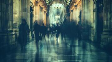 A blurred glimpse of a vast dimlylit hall with shadowy figures shuffling through faded documents and artifacts of a bygone era. photo