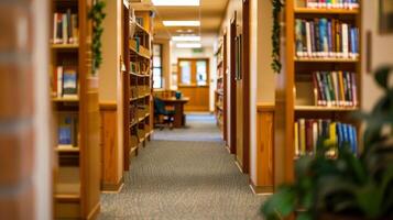 Out of focus photograph of a peaceful library with rows of books cozy reading nooks and a soothing atmosphere perfect for quiet contemplation and learning. photo