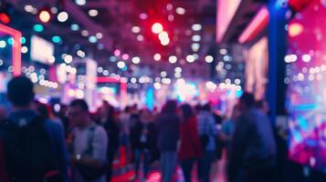 Defocused view of a bustling crowd of people at a technology convention with bright neon lights and screens in the background creating a futuristic and dynamic atmosphere. photo