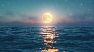 Softly defocused background of a full moon rising over a serene ocean with the stars ling in the distance providing a romantic and calming atmosphere to the scene. photo