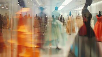 The abstract shapes of elegant dresses and intricate accessories blur together in the defocused background of the fashion exhibition creating a dreamlike and ethereal ambiance. photo