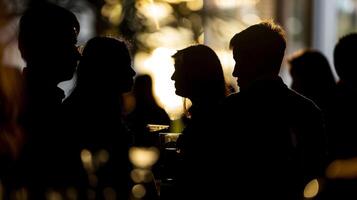 Soft outoffocus silhouettes of delegates from different nations can be seen mingling and enjoying refreshments at a reception held during the Environmental Summit creating a sense photo