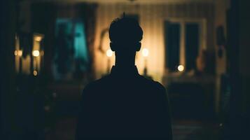A dimly lit room with a figure in the foreground their face obscured by the defocused background. The flickering candlelight and ominous shadows create a feeling of mystery and photo