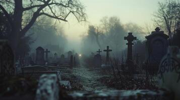 A hazy blurred view of a desolate graveyard at twilight the fading light casting an eerie glow on the ancient headstones and cracked mausoleums. photo