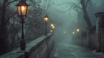 Defocused foggy streets lined with old lampposts and abandoned buildings transporting the viewer to a bygone era where time stands still. photo