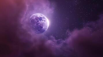 Defocused scene of a mystical lunar eclipse with the moon hidden behind a veil of hazy purple clouds and ling star s tered throughout the night sky. photo
