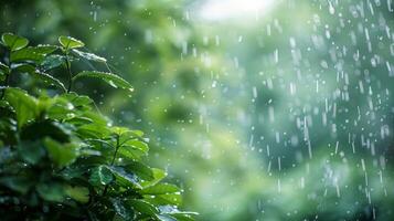 With a dreamy quality the blurred background reveals a gloomy rainy day. The trees and bushes in the foreground are dotted with raindrops while a thick layer of mist creates an almost photo