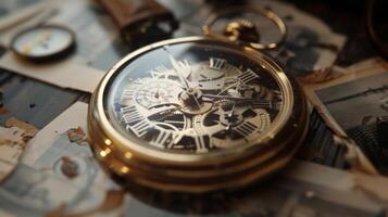 A blur of intricate clockwork set against a faded backdrop of vintage photographs and aged paper evoking a feeling of being lost in a forgotten time. photo