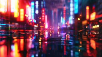 The blurred edges of neon cityscape create a mystical mirage beckoning you to lose yourself in the allure of the midnight hour. photo