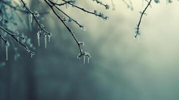 Defocused Small icicles hang from branches their delicate forms blending with the soft haze of a misty winter morning. photo