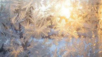 As the winter sun filters through the frosted window the defocused patterns of frost mimic a sparkling mosaic adding a touch of whimsy and magic to the chilly season. photo