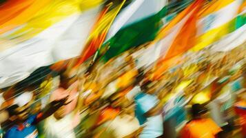 Defocused Cricket Craze A lively and vibrant scene of blurred spectators at a cricket carnival with a sea of colorful flags and excited fans cheering on their beloved teams. photo