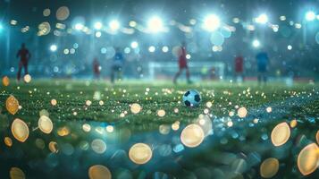 Floating orbs of stadium lights create a dreamy defocused atmosphere as players battle for possession on the field in front of a roaring crowd. photo