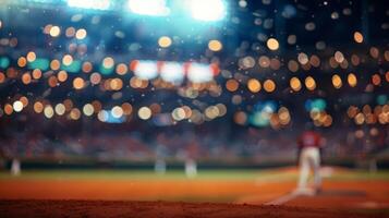 Defocused lights of a latenight baseball game creating a dreamlike atmosphere as the players and fans lose themselves in the moment. photo