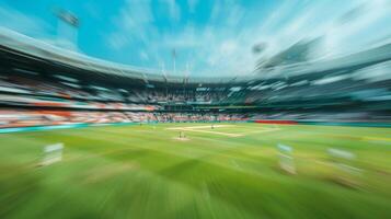 Blurry Buzz of Cricket A blurred background of a packed stadium at a cricket carnival with a constant hum of chatter and cheers from the passionate supporters creating a dynamic and photo