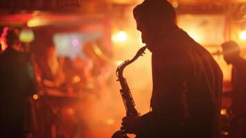 The smoky haze of the dimly lit jazz club creates a mysterious and atmosphere with glimpses of lively musicians and swaying crowds in the blurred background. photo