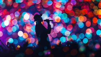 As the lead singers silhouette dominates the stage the defocused glow of the crowd becomes a colorful mosaic of hands and flashing cell phone lights creating a surreal backdrop for photo
