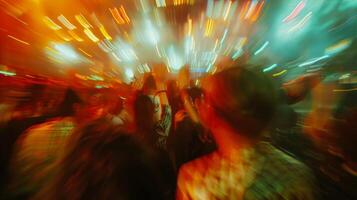 Defocused chaos of a punk concert with pulsing lights and energetic movements creating a blur in the background. photo