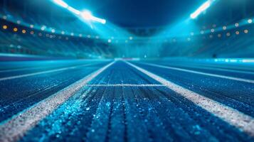 The unfocused lights and shadows of a bustling stadium bring a sense of motion and exhilaration to the scene of Track and Field Thrill. photo