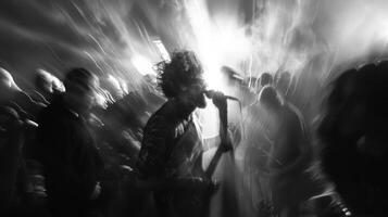 The gritty atmosphere of a punk concert captured through blurred edges and outoffocus visuals mirrors the high energy and intensity of the show. photo