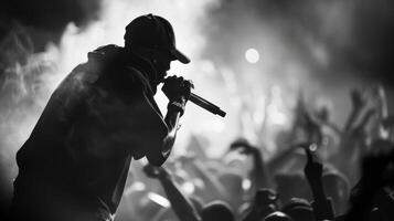 The blurry background of a rap concert reveals a sea of bodies writhing to the beat as the artist on stage dominates the foreground with their raw unbridled passion and commanding photo