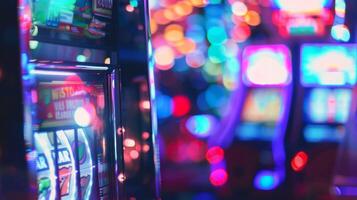 Defocused vibrant blue purple and green lights tered across the background while sparkling slot machines in shades of gold silver and red take center stage and beckon players to test photo