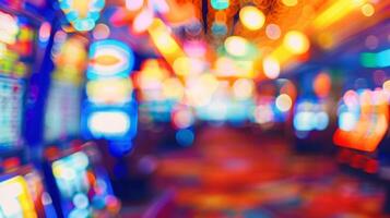 Defocused background of a busy casino floor with a blur of colorful lights and slot machines creating a mysterious and alluring ambiance enticing players to take a chance and win big. photo