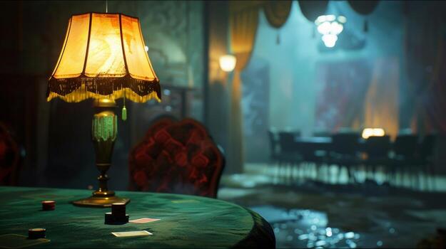 Mysterious Poker Parlor The dimly lit room and hazy defocused background sets the scene for a secretive and highstakes game with only the glow of the lamp lights to guide the players. photo