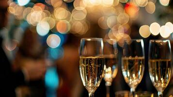 Glimpses of sparkling champagne flutes and glittering chandeliers peep through a defocused crowd of elegantly dressed guests at a gl gala event in the heart of Sin City. photo