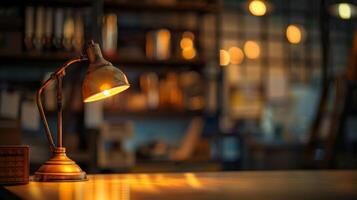 The golden glow of a lone desk lamp shines in a blurred background of shelves and cabinets signaling the end of a long day at the office. photo