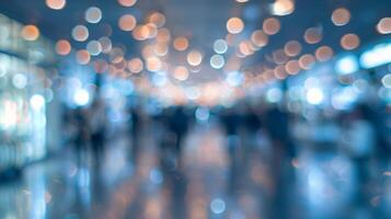 Amidst the chaos of a crowded terminal the defocused background offers a peaceful respite with its gentle hues and blurred structures. photo