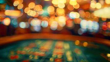 A dreamy bokehfilled image of a s table surrounded by a sea of blurred faces illuminated by the soft muted lighting of the casino. photo