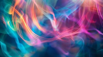 Defocused strands of rainbow hues intertwine and twirl against a sea of shadowy silhouettes and pulsing beats. photo