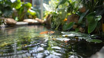 Fading waterway The soft outoffocus background of this indoor pond seems to fade away making it the perfect place to escape the chaos of the outside world. Serene and calm it beckons photo