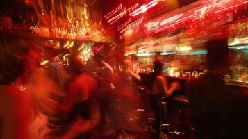 The defocused background captures the fiery frenzy of the nightclub with a cacophony of red and warm hues creating an intense ambiance. Blurry images of the bustling bar and swaying photo