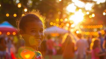 As the sun sets on Family Fun Day colorful bokeh lights dance in the background offsetting the laughter and smiles of families enjoying games and activities together. photo