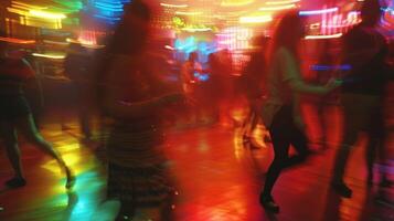 In a dimlylit club the surreal atmosphere is set by defocused spotlights and partygoers their blurred forms adding to the frenzied energy of The Flash and Fizz. photo