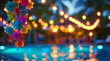 Soft blurred lights strung along the edges of the pool casting a warm glow over the partygoers as they mingle and dance to the upbeat music. The bright and bold decorations of pinatas photo