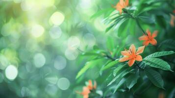 The muted colors of lush green leaves and vibrant orange flower petals blend together in a hazy defocused background evoking a sense of peace and serenity for meditation or yoga practices photo
